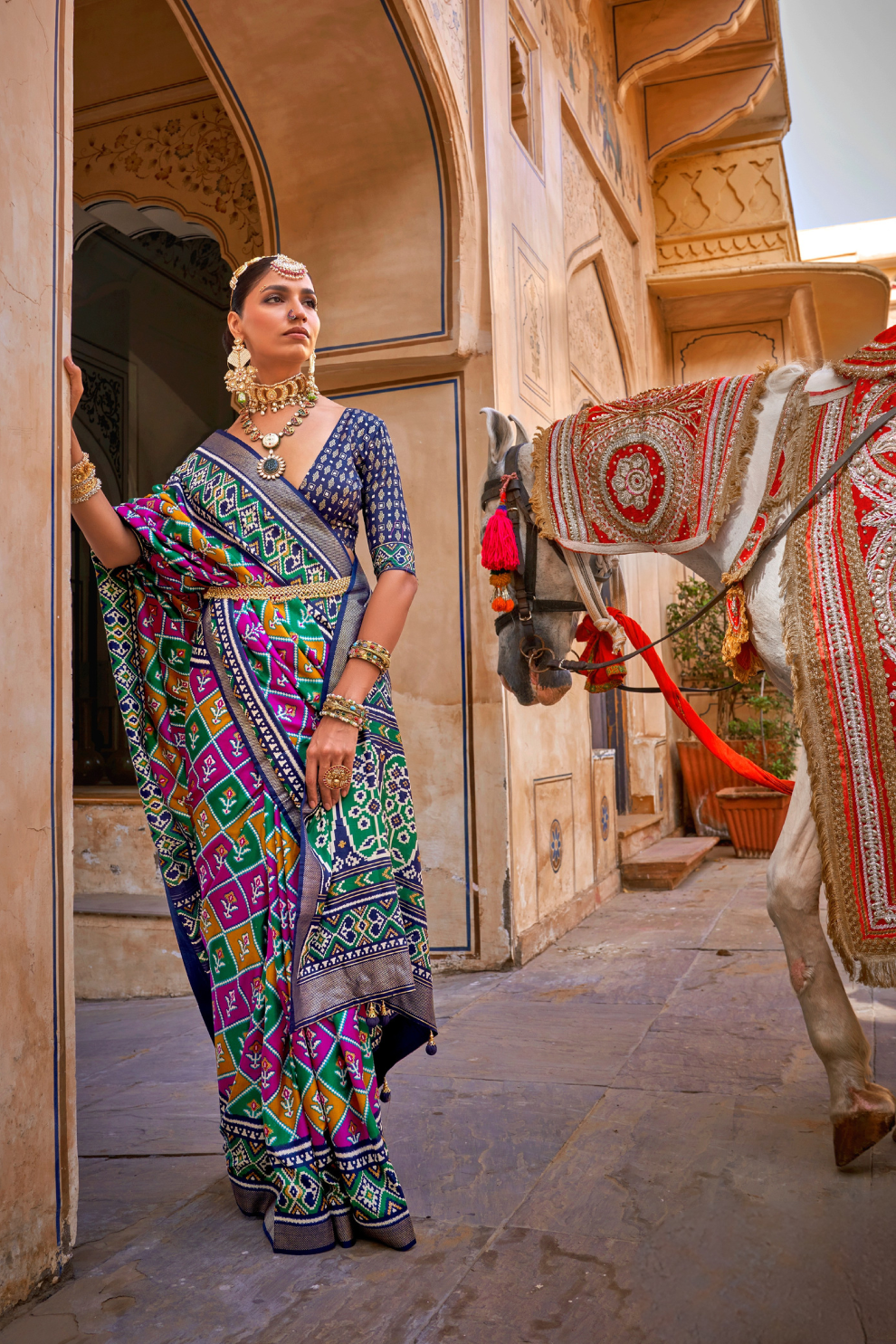 Elegant Patola Design Saree in Mercerized Silk with Gold Print