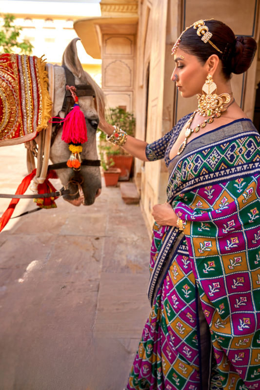 Elegant Patola Design Saree in Mercerized Silk with Gold Print