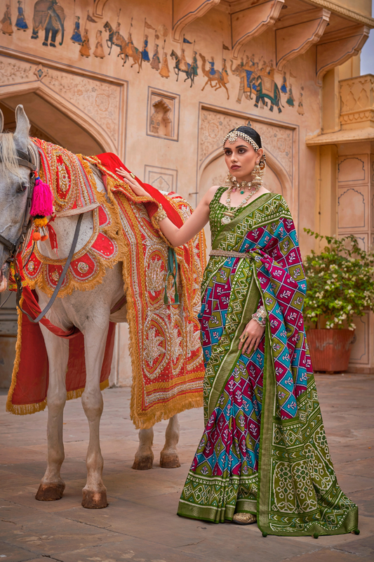 Elegant Patola Design Saree in Mercerized Silk with Gold Print