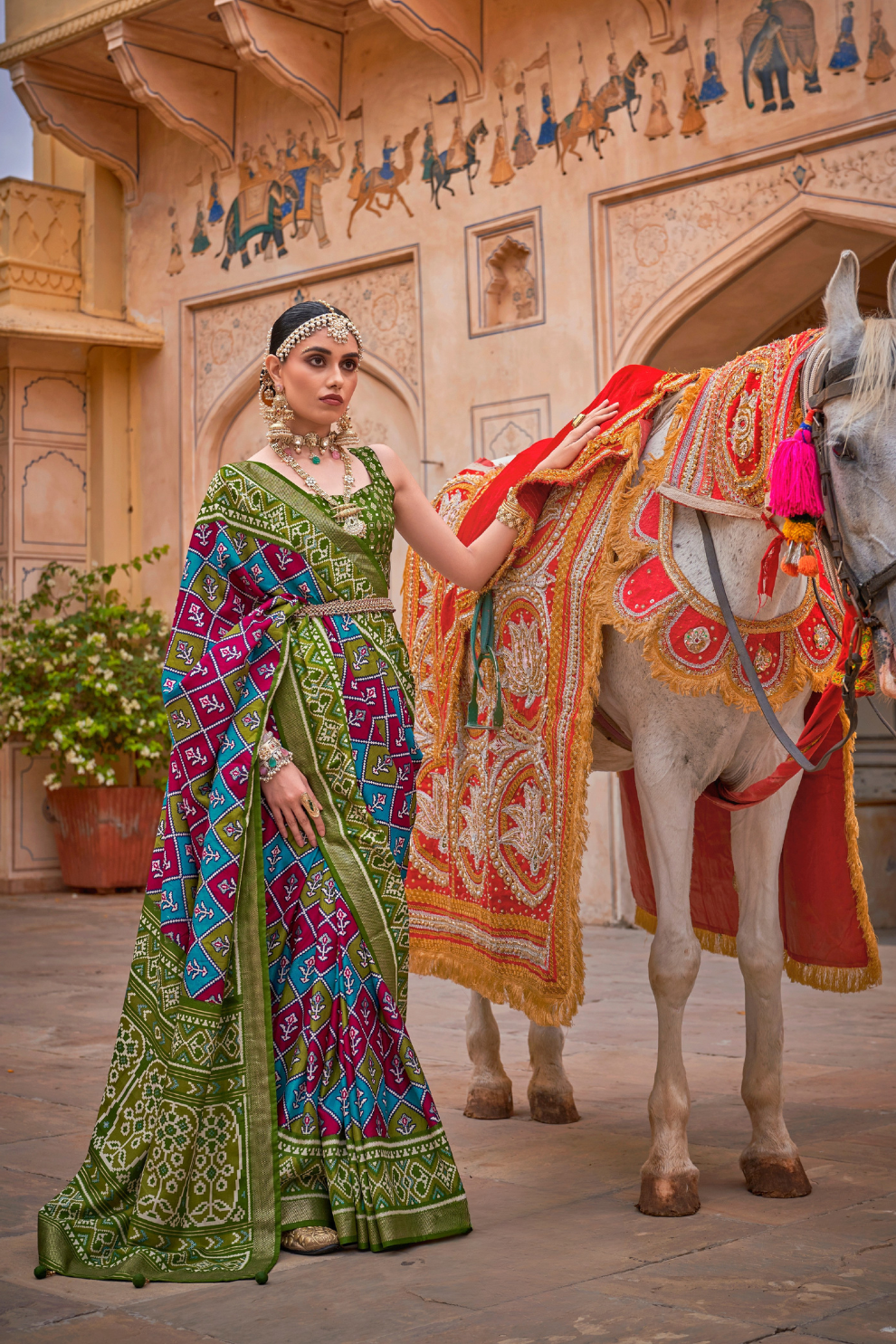 Elegant Patola Design Saree in Mercerized Silk with Gold Print