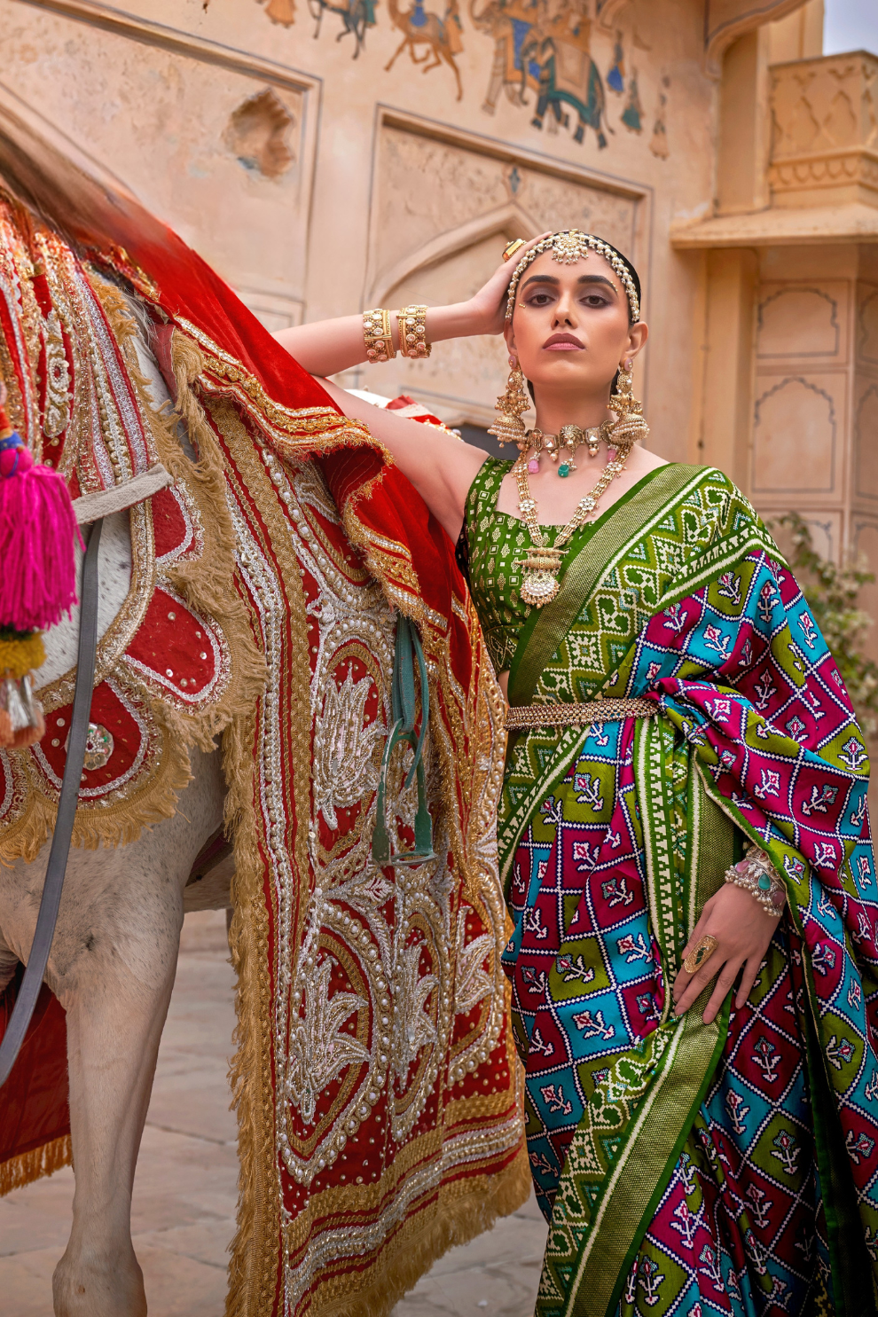 Elegant Patola Design Saree in Mercerized Silk with Gold Print