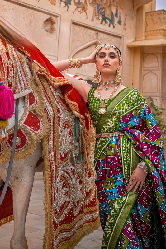 Elegant Patola Design Saree in Mercerized Silk with Gold Print