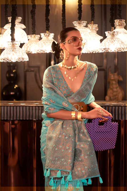 Multi Pure Linen Saree with Copper Zari Weaving Elegance