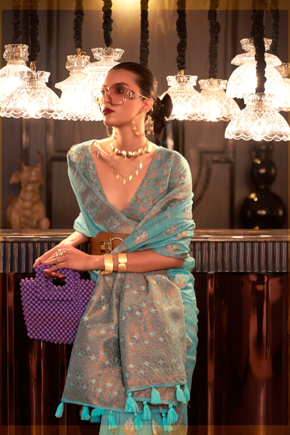 Multi Pure Linen Saree with Copper Zari Weaving Elegance