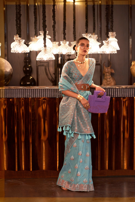 Multi Pure Linen Saree with Copper Zari Weaving Elegance