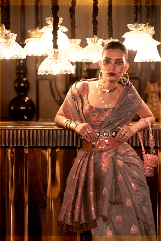 Multi Pure Linen Saree with Copper Zari Weaving Elegance