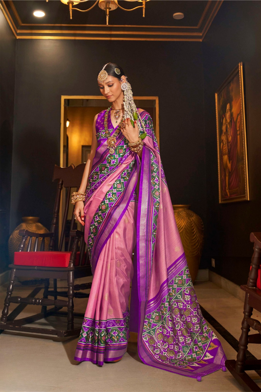 Mercerized Sigma Silk Saree with Patola Design and Gold Print