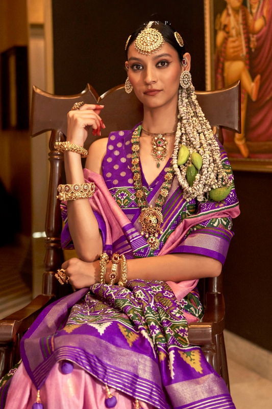 Mercerized Sigma Silk Saree with Patola Design and Gold Print