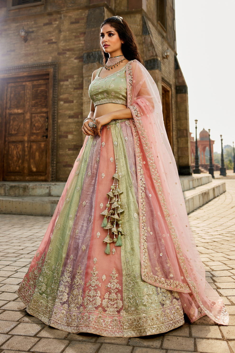 Soft Tissue Lehenga Choli Set with Coordinated Sequins Embroidery