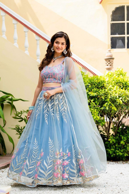 Premium Light Blue Lehenga Set with Elegant Net Dupatta