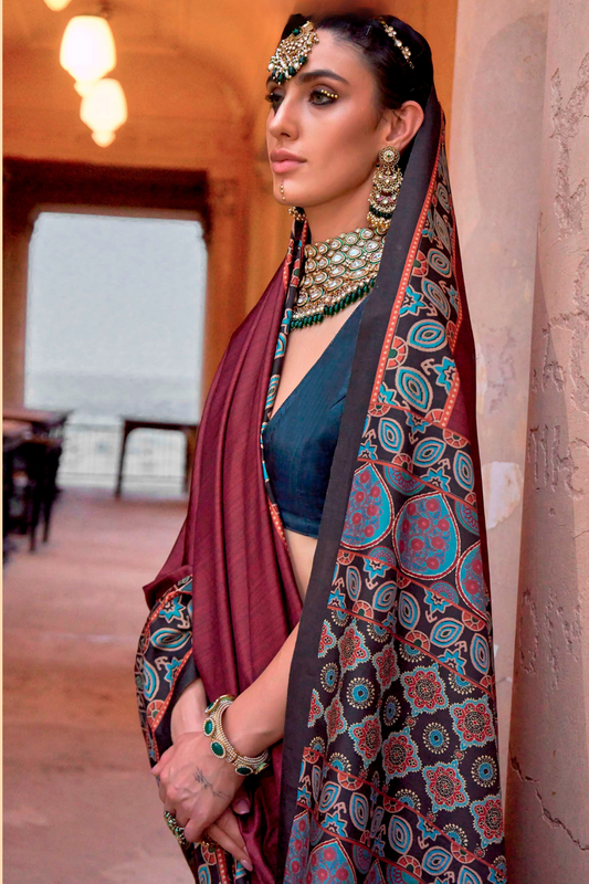 Polyester Viscose Silk Saree with Exclusive Ajrakh Print - LaVante Fashion