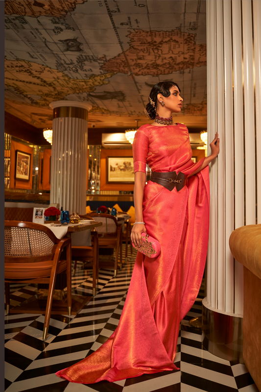 Nylon Satin Saree with Copper Zari Weaving Elegance