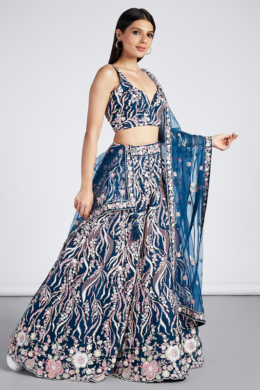 Net Sequins And Thread Embroidery Lehenga Choli Dupatta