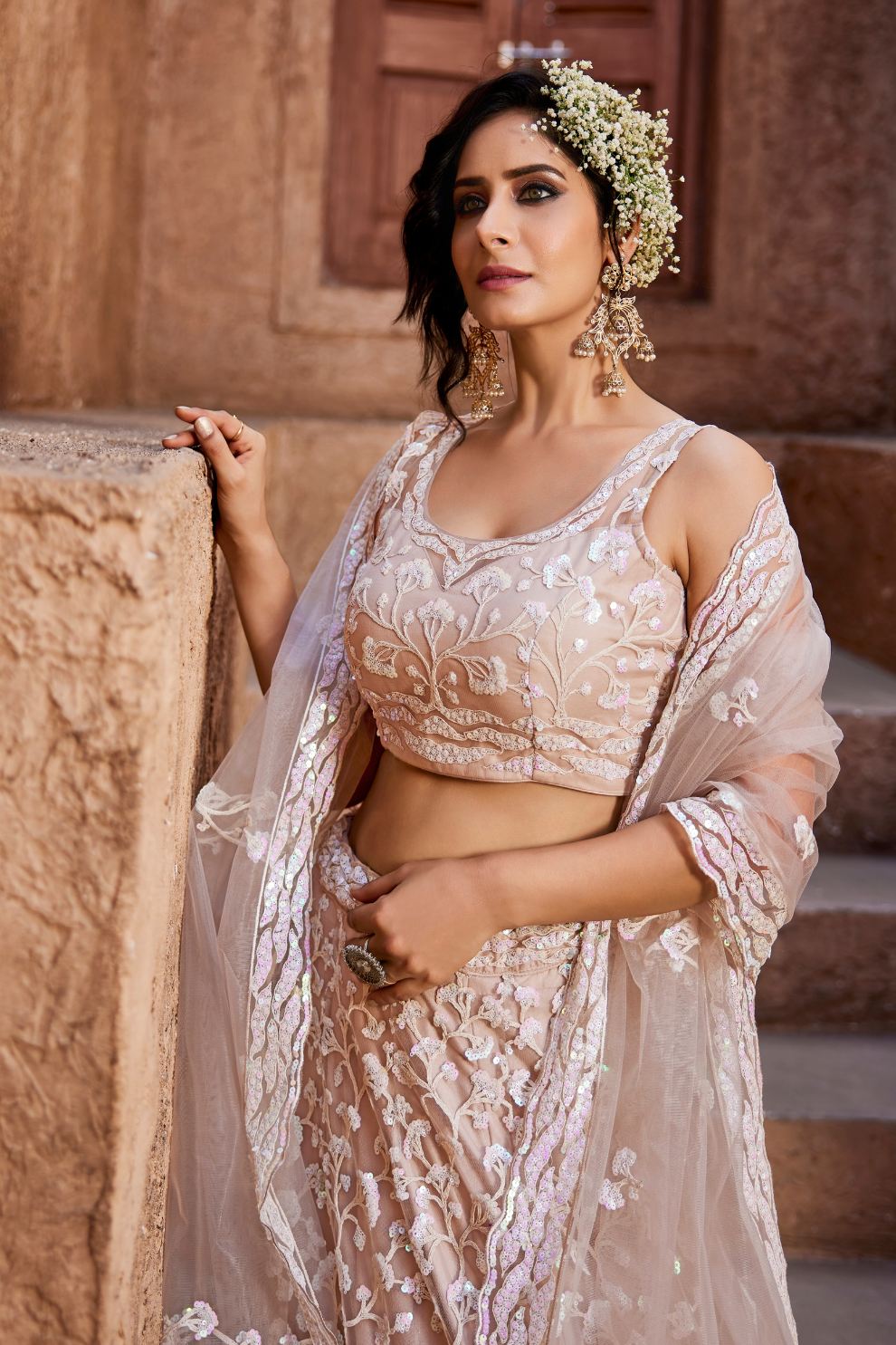 Designer Net Lehenga Choli with Sequin Embroidery and Coordinated Dupatta