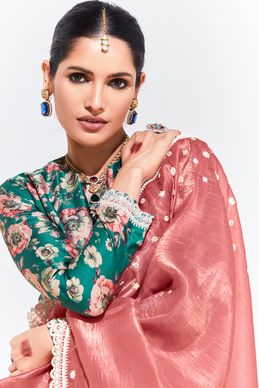 Elegant Tissue Saree with Sequins and Thread Embroidery Work