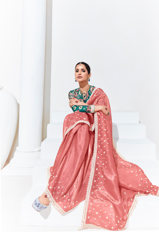 Elegant Tissue Saree with Sequins and Thread Embroidery Work