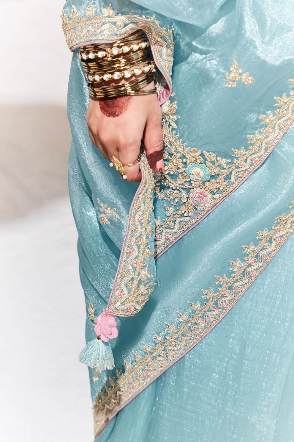 Elegant Tissue Saree with Sequins and Thread Embroidery Work