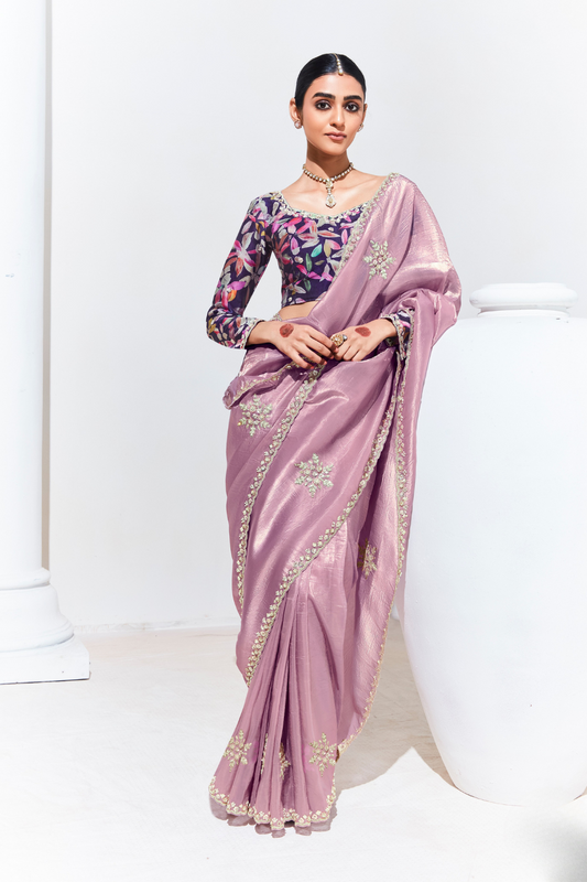 Elegant Tissue Saree with Sequins and Thread Embroidery Work