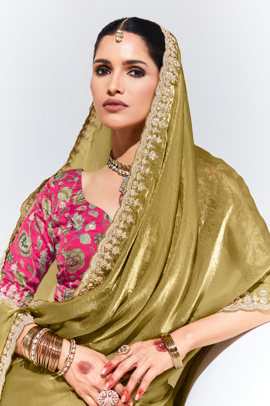 Elegant Tissue Saree with Sequins and Thread Embroidery Work