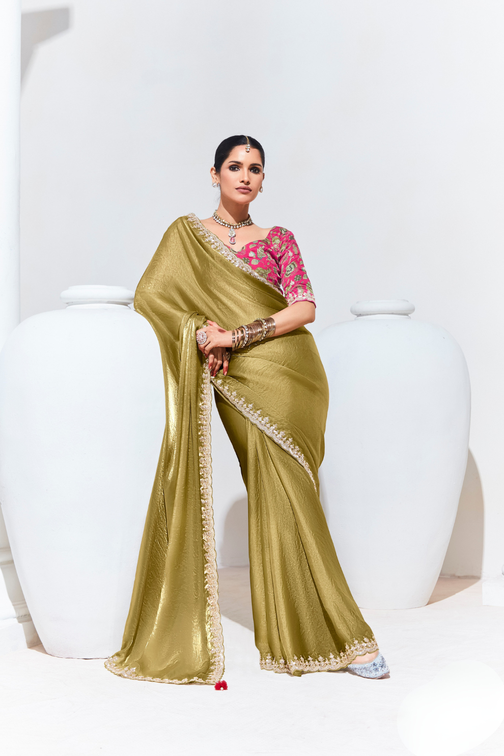 Elegant Tissue Saree with Sequins and Thread Embroidery Work