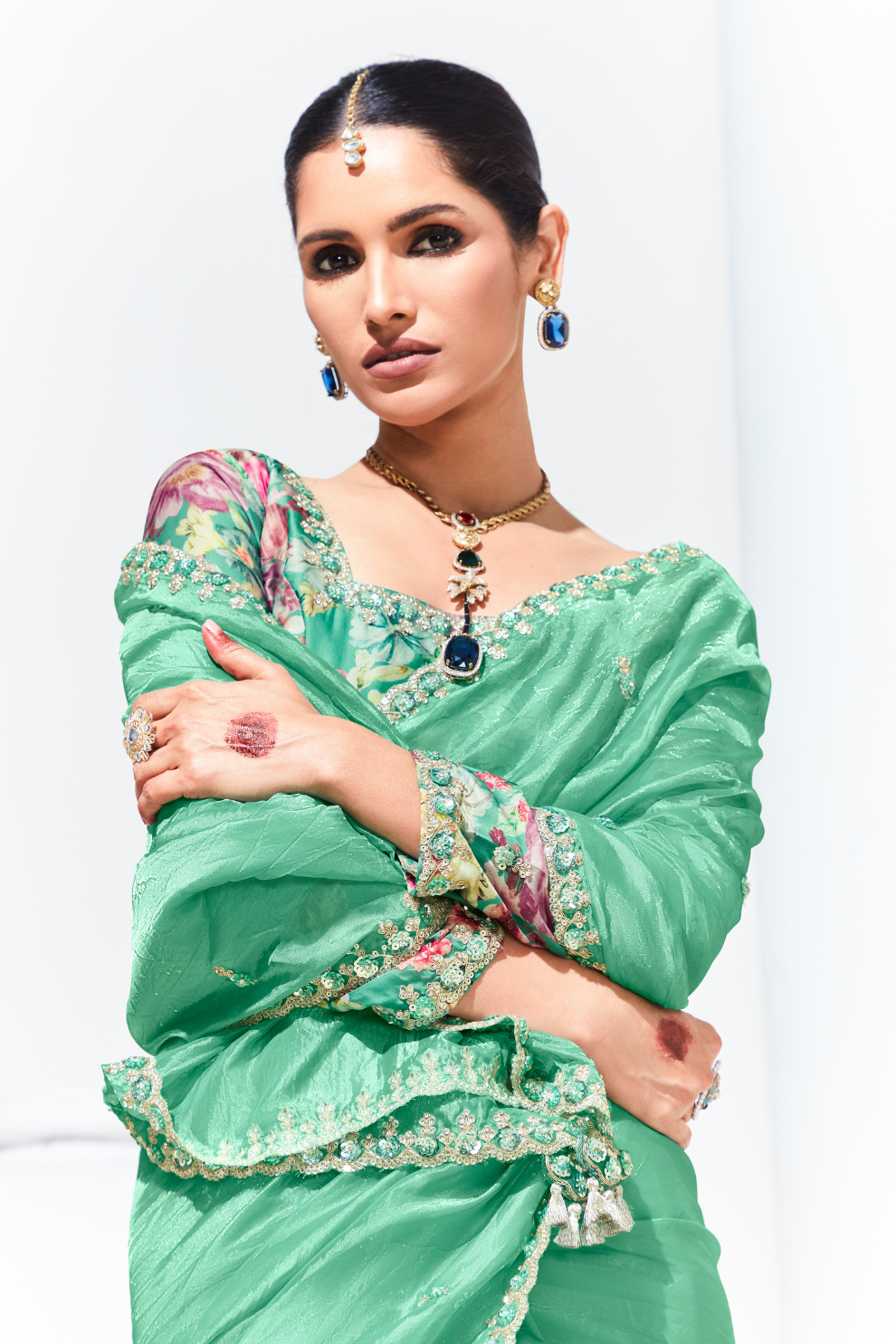 Elegant Tissue Saree with Sequins and Thread Embroidery Work