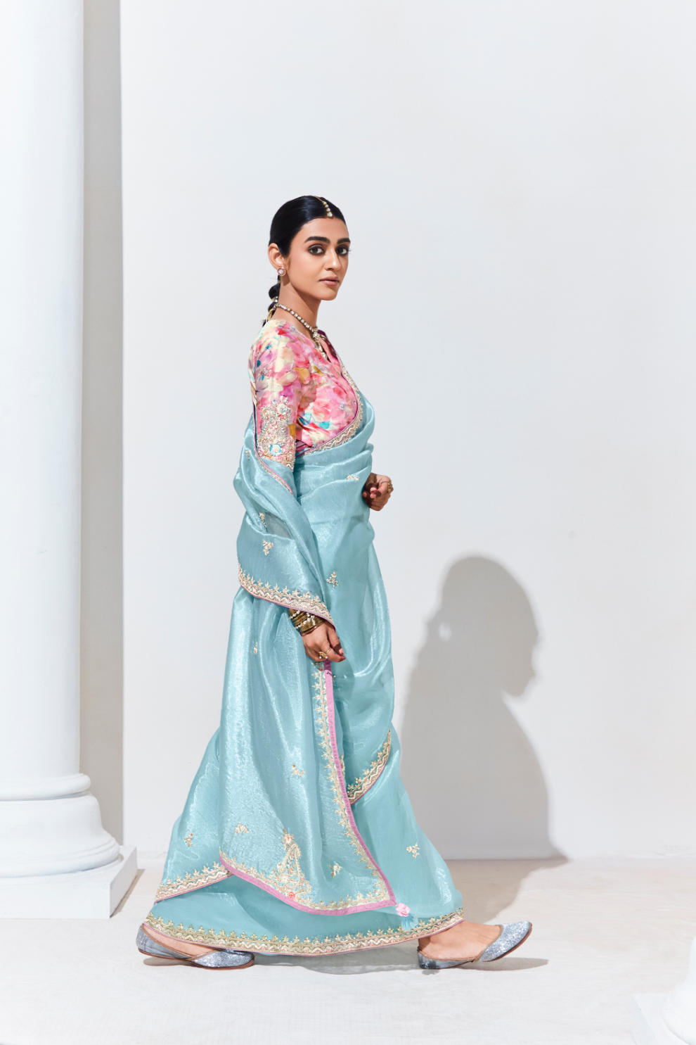 Elegant Tissue Saree with Sequins and Thread Embroidery Work