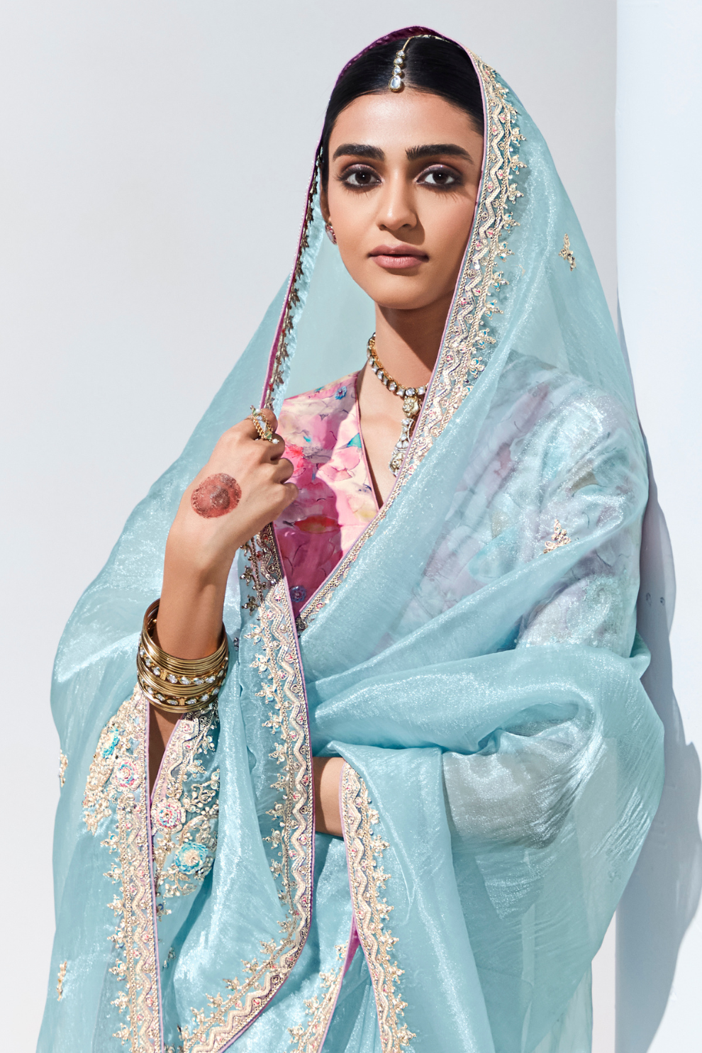 Elegant Tissue Saree with Sequins and Thread Embroidery Work