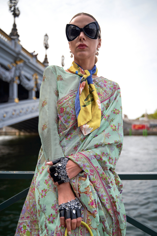 Organza Parsi Handloom Weaving Silk Saree with Delicate Heritage Detailing