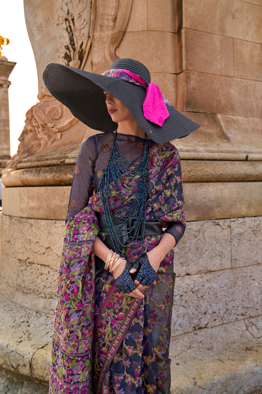 Organza Parsi Handloom Weaving Silk Saree with Delicate Heritage Detailing