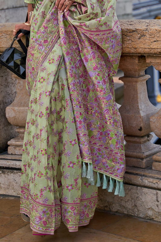 Organza Parsi Handloom Weaving Silk Saree with Delicate Heritage Detailing