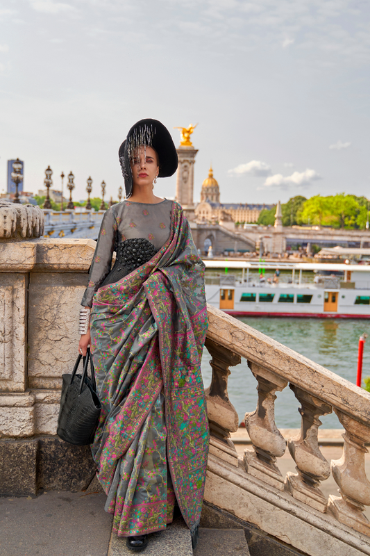 Organza Parsi Handloom Weaving Silk Saree with Delicate Heritage Detailing