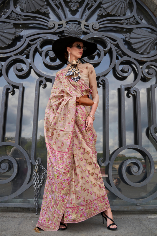 Organza Parsi Handloom Weaving Silk Saree with Delicate Heritage Detailing