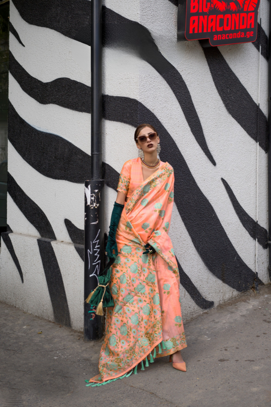 Parsi Weaving Handwoven Textured Silk Saree with Heritage Detailing