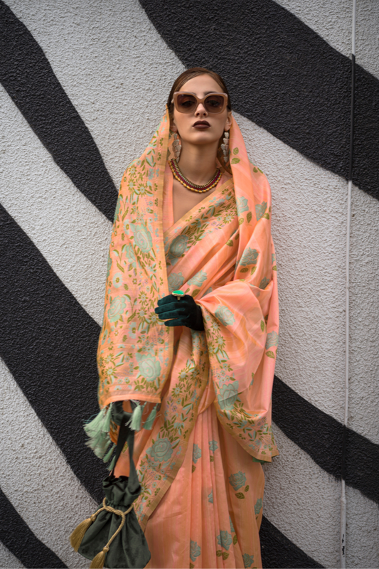 Parsi Weaving Handwoven Textured Silk Saree with Heritage Detailing