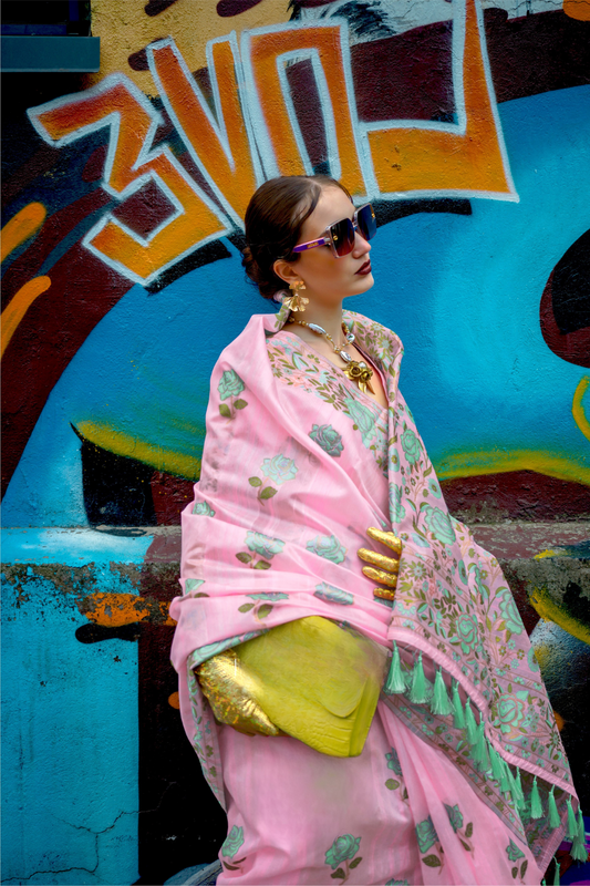 Parsi Weaving Handwoven Textured Silk Saree with Heritage Detailing