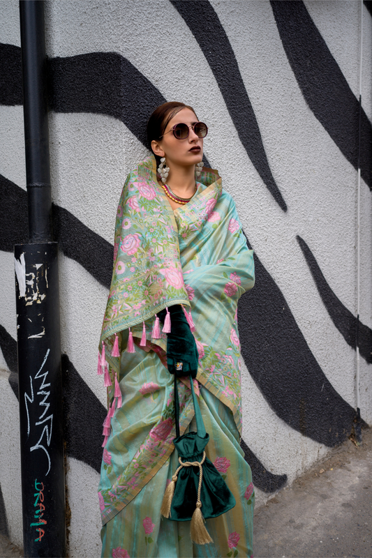 Parsi Weaving Handwoven Textured Silk Saree with Heritage Detailing