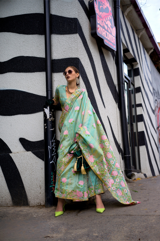 Parsi Weaving Handwoven Textured Silk Saree with Heritage Detailing