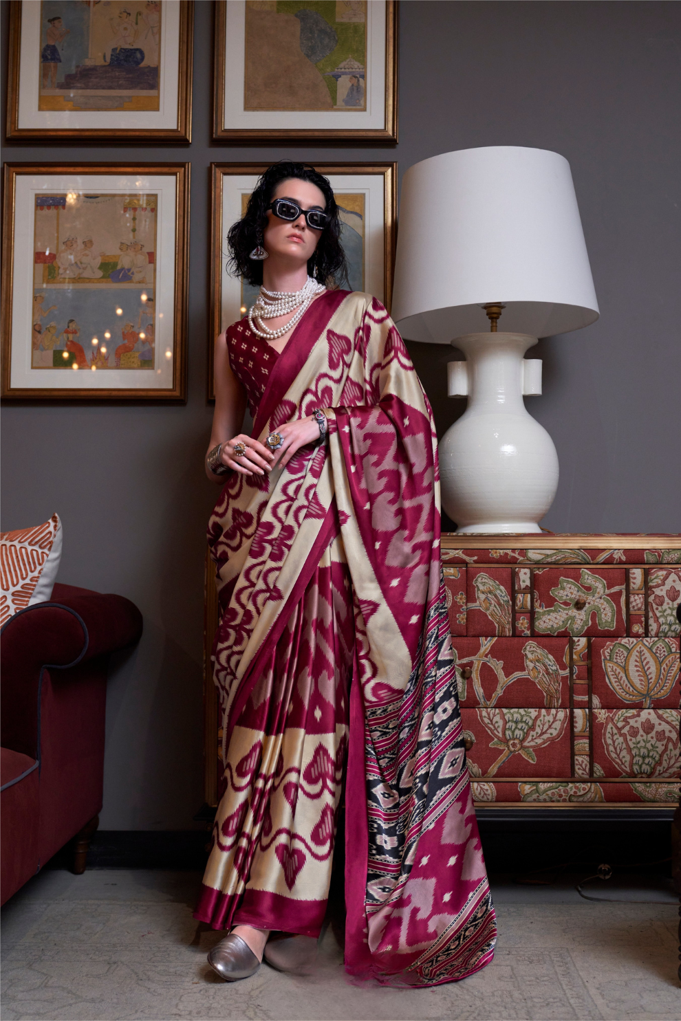 Patola Printed Satin Crepe Saree with Rich Ethnic Detailing