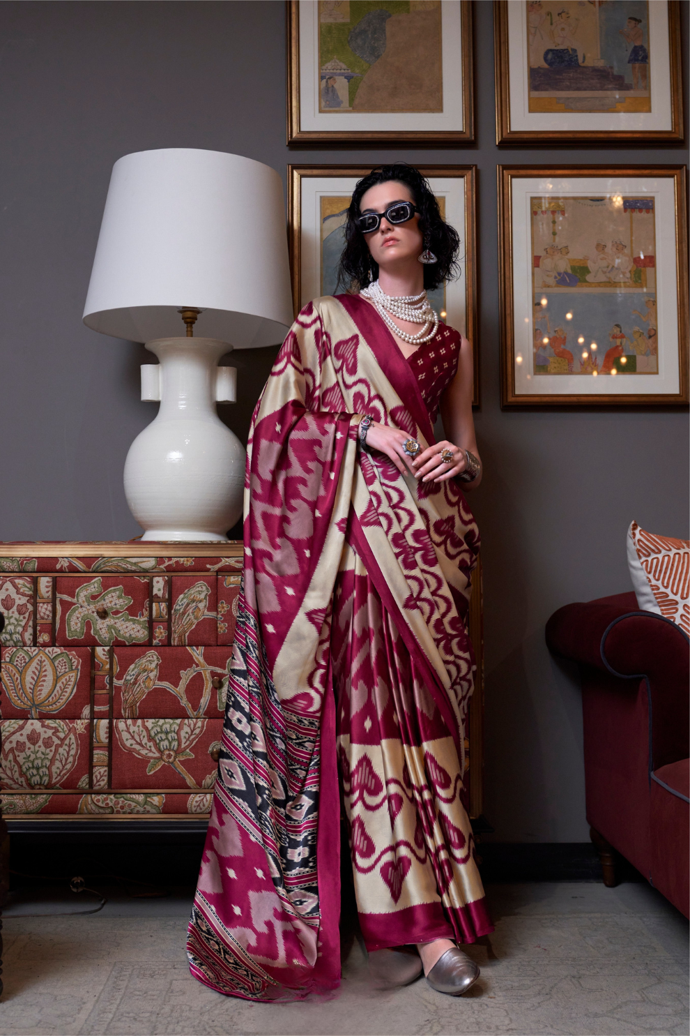 Patola Printed Satin Crepe Saree with Rich Ethnic Detailing