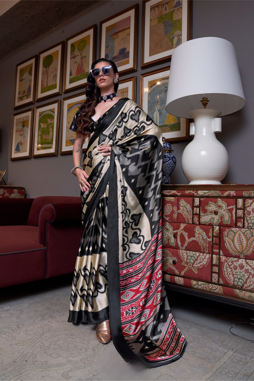 Patola Printed Satin Crepe Saree with Rich Ethnic Detailing