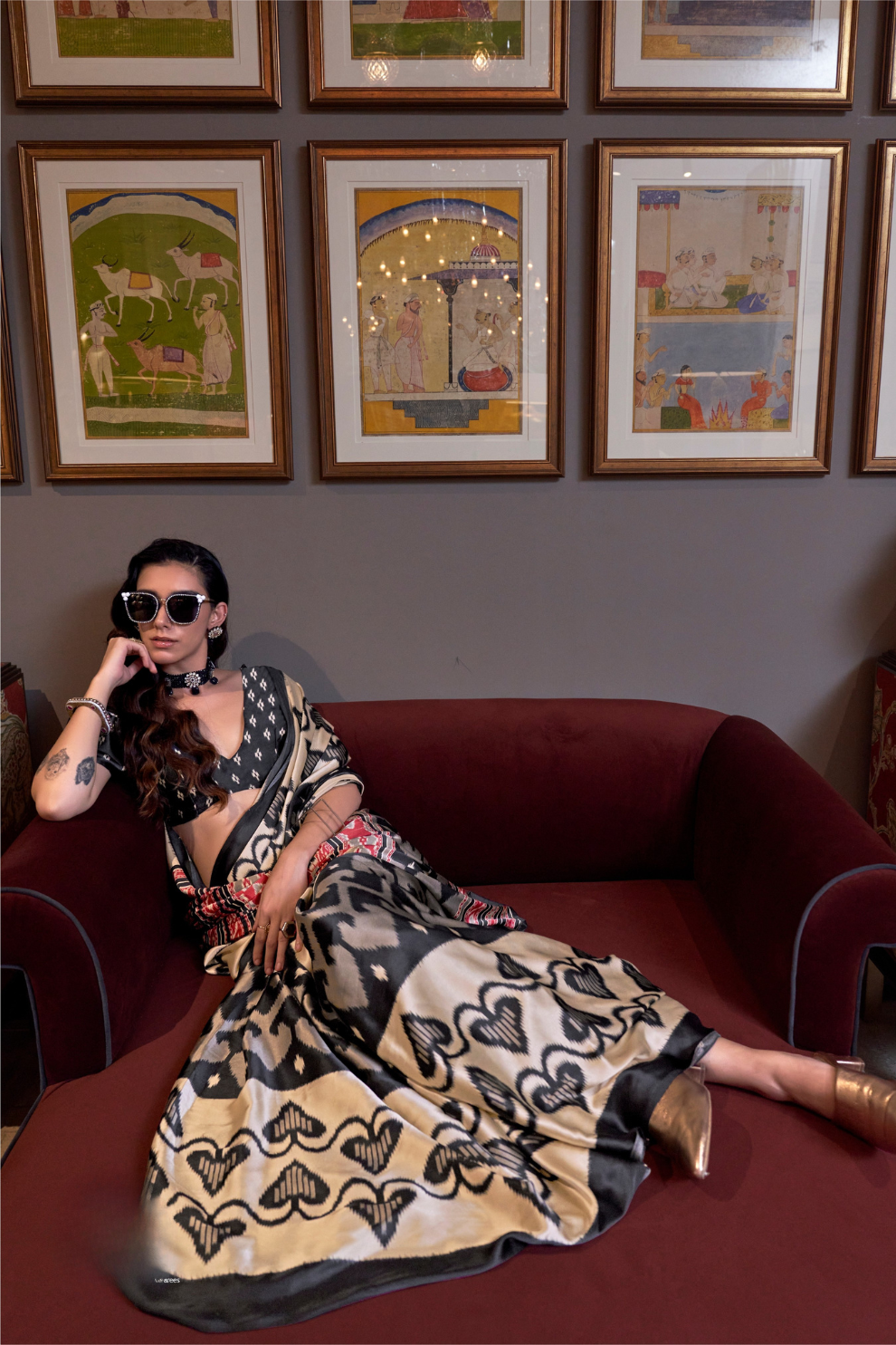 Patola Printed Satin Crepe Saree with Rich Ethnic Detailing