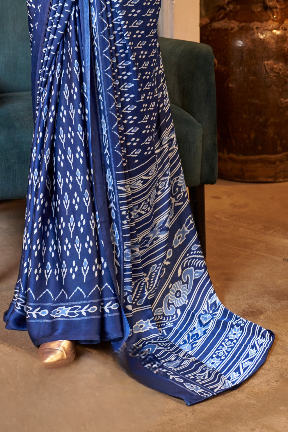 Patola Printed Satin Crepe Saree with Rich Ethnic Detailing