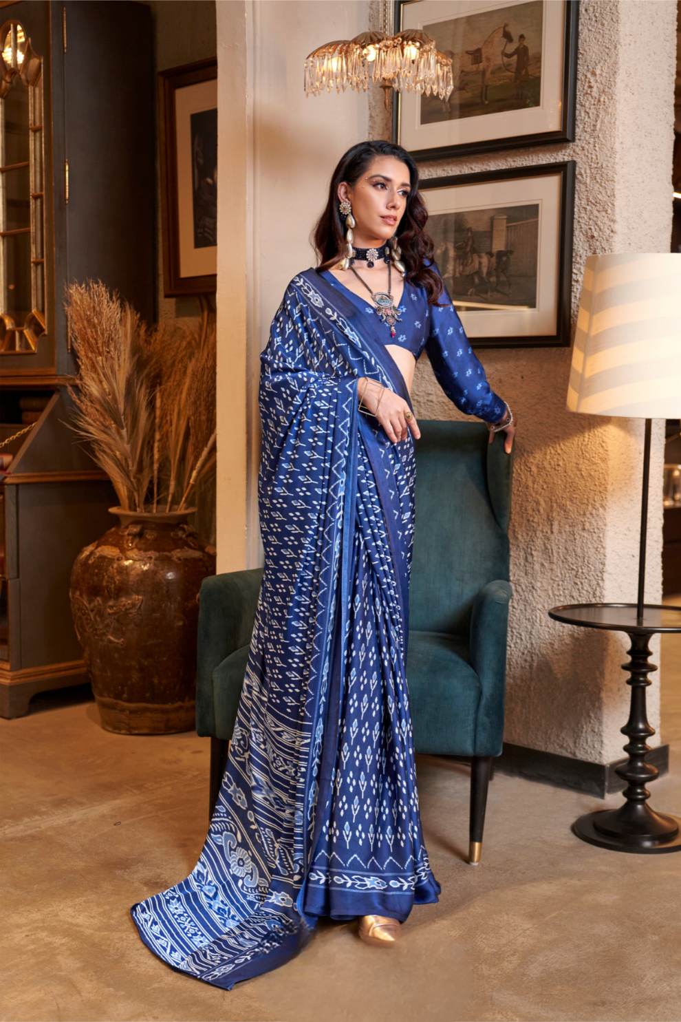 Patola Printed Satin Crepe Saree with Rich Ethnic Detailing