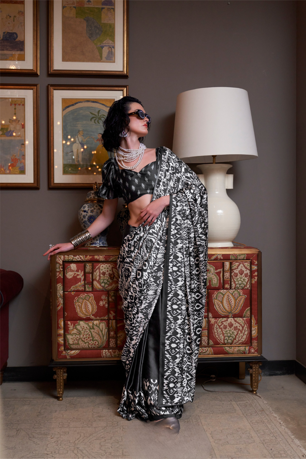 Patola Printed Satin Crepe Saree with Rich Ethnic Detailing