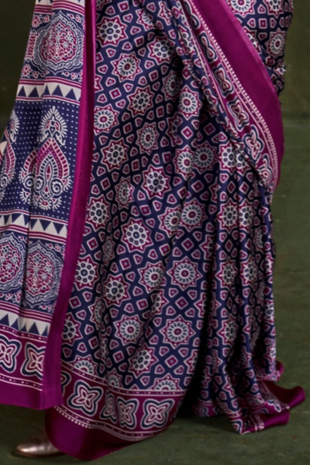 Printed Ajrakh Satin Crepe Saree with Ethnic Artistic Patterns