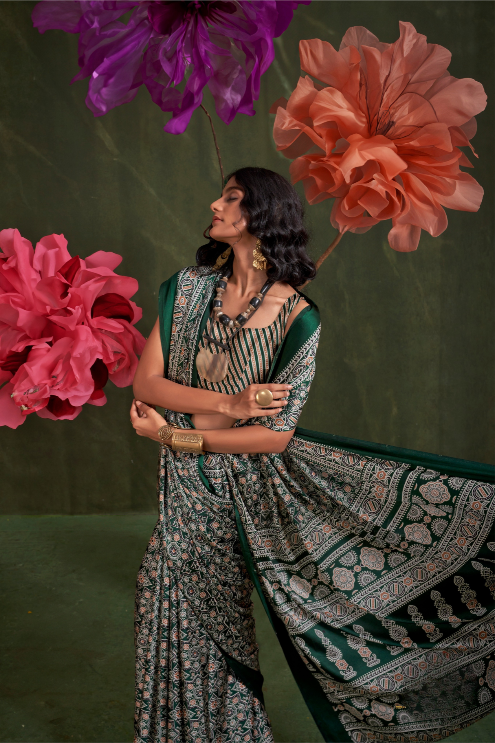Printed Ajrakh Satin Crepe Saree with Ethnic Artistic Patterns