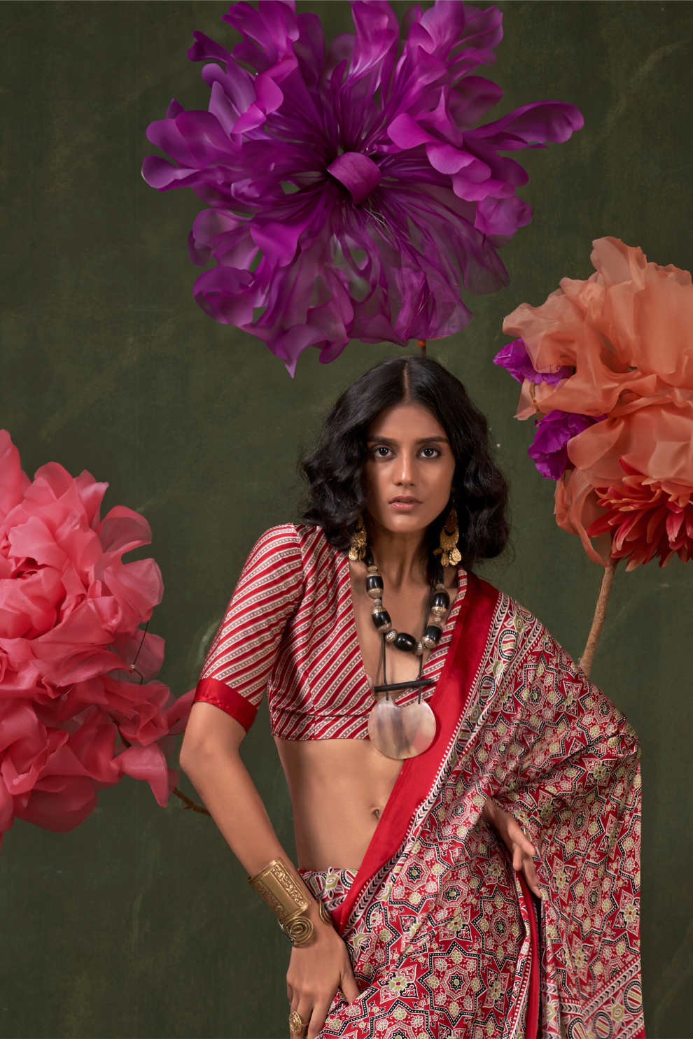 Printed Ajrakh Satin Crepe Saree with Ethnic Artistic Patterns