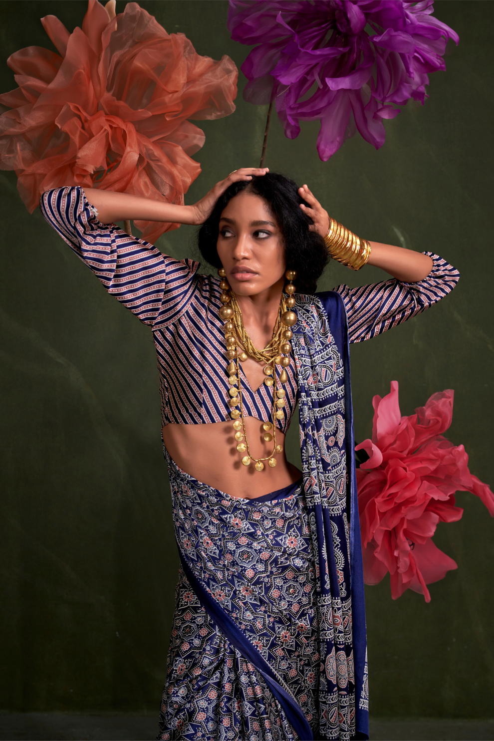 Printed Ajrakh Satin Crepe Saree with Ethnic Artistic Patterns