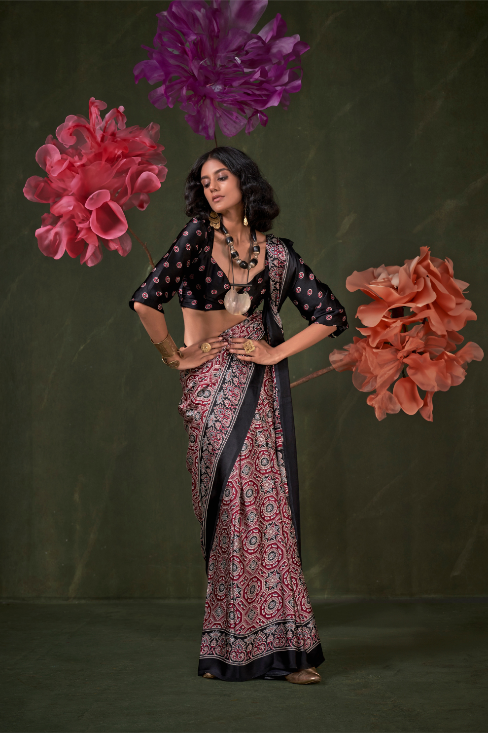 Printed Ajrakh Satin Crepe Saree with Ethnic Artistic Patterns