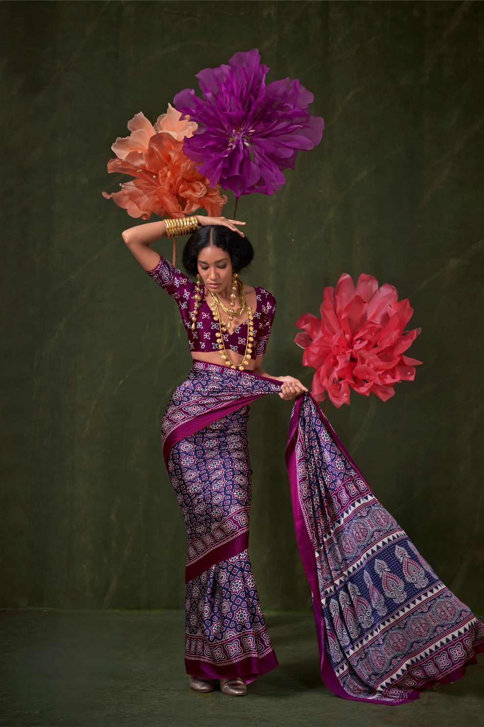 Printed Ajrakh Satin Crepe Saree with Ethnic Artistic Patterns